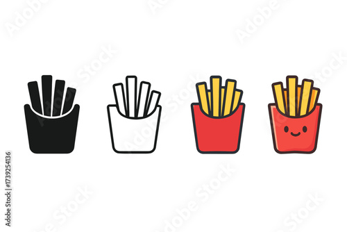 Stylized French Fries Icons. Vector icon french fries same pose same proportions four styles black solid glyph outline minimal flat multicolor filled cartoon