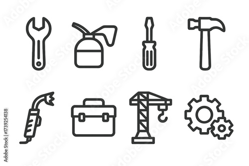 Warship Maintenance Tools Icons. Outline icon set of warship maintenance tools: wrench, oil can, screwdriver, hammer, welding torch, toolbox, crane, spare