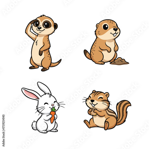 Cute cartoon animals illustration including a meerkat, rabbit, gopher, and chipmunk