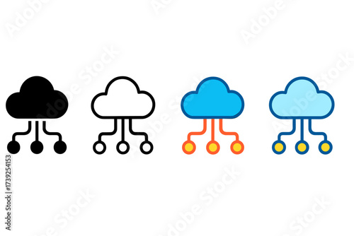 Cloud Computing Icons. Vector icon cloud computing nodes same pose same proportions four styles black solid glyph outline minimal flat multicolor filled