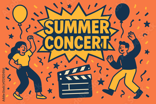 Vibrant Summer Concert. Summer Concert banner, flat vector illustration, bold oversized text inside comic burst, cartoon characters dancing with clapper board