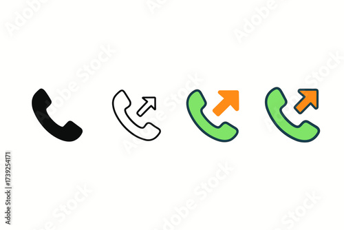 Incoming Call Icons. Vector icon phone incoming call arrow same pose same proportions four styles black solid glyph outline minimal flat multicolor filled