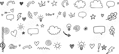 Collection of hand-drawn doodles and icons including hearts, stars, clouds, lightbulbs, and speech bubbles for creative design