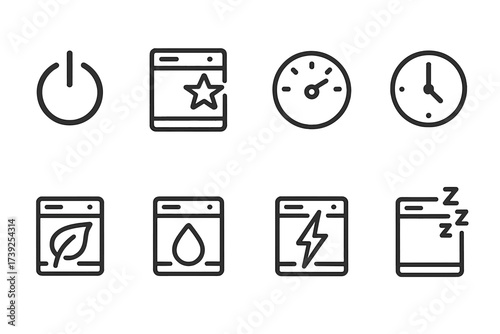 Dishwasher Energy Icons. Outline icon set of dishwasher energy: power button, energy star, consumption meter, timer, eco-friendly, water saver, energy mode,