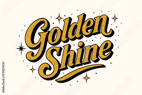 Golden Vintage Calligraphy. Golden Shine, bold vintage calligraphy with radiant rustic tone, surrounded by sparkles, diagonal decorative composition, clean