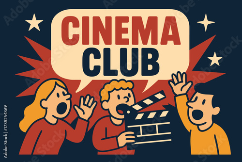Cinema Club Extravaganza. Cinema Club banner, flat vector illustration, bold oversized text inside sticker outline, cartoon characters shouting with clapper