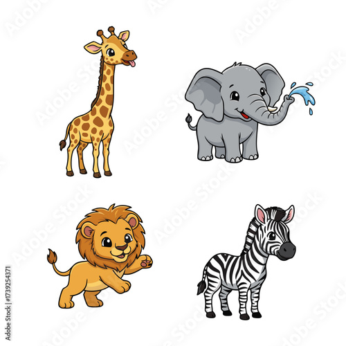 A delightful collection of cute cartoon safari animals including a lion, zebra, elephant, and giraffe