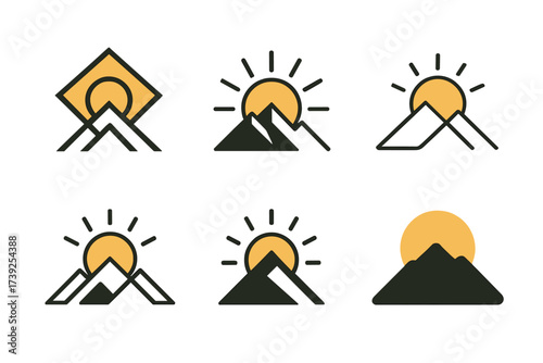 Summit Logo Variations. reaching the summit. Set Logo of reaching the summit: sunrise over peaks. harmonious logo variations of the same emblematic concept,