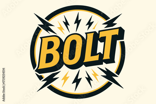 Retro Lightning Poster. Bolt, retro poster lettering, striking bold strokes, surrounded by lightning rays, circular frame composition, clean white background,