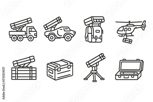 Rocket Launcher Icons. Outline icon set of rocket launcher transport: military truck, armored vehicle, backpack carrier, helicopter sling, storage crate, ammo