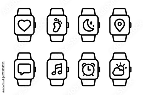 Smartwatch Features Icons. Outline icon set of smartwatch features: heart rate monitor, step counter, sleep tracker, GPS, notifications, music control, alarm