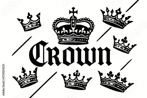 Regal Medieval Crowns. Crown, gothic lettering, regal medieval tone, surrounded by crowns, diagonal decorative composition, clean white background, vector