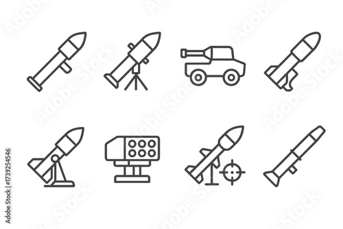 Rocket Launcher Icons. Outline icon set of rocket launcher types: shoulder-fired launcher, tripod-mounted launcher, vehicle-mounted launcher,
