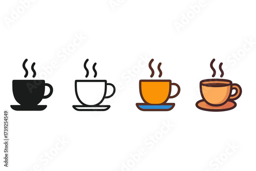 Coffee Cup Icons. Vector icon hot coffee cup steam same pose same proportions four styles black solid glyph outline minimal flat multicolor filled cartoon flat