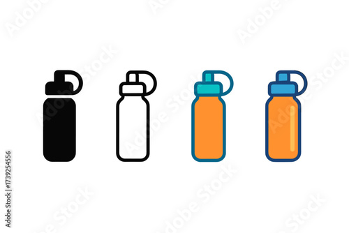 Stylish Water Bottles. Vector icon reusable water bottle same pose same proportions four styles black solid glyph outline minimal flat multicolor filled