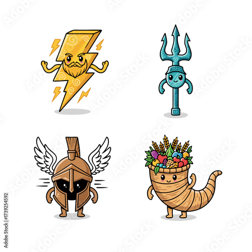Set of Cute Greek Mythology Characters and Symbols with Lightning Bolt