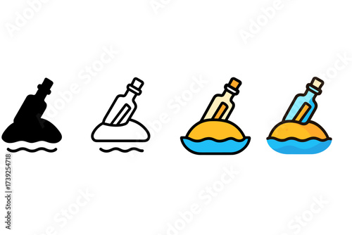 Island Icon Styles. Vector icon island with message bottle same pose same proportions four styles black solid glyph outline minimal flat multicolor filled