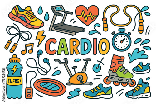 Energetic Workout Icons. Cardio. Colorful Hand-drawn doodle Children illustration Cardio running shoes, treadmill, jump rope, stopwatch, cycling bike, stepper,