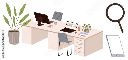 Office desk with laptops, chair, potted plants, books, magnifying glass, and smartphone. Ideal for productivity, organization, teamwork remote work modern design technology simple flat metaphor