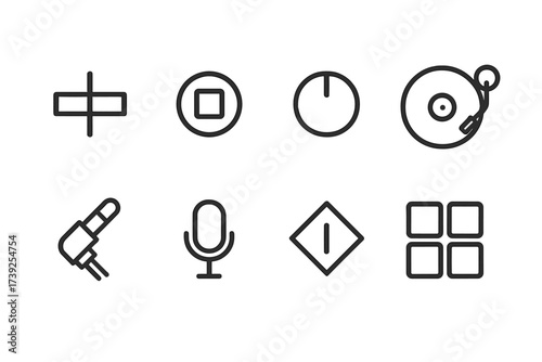 DJ Equipment Icons. Outline icon set of DJ mixer elements: crossfader, cue button, effect knob, vinyl turntable, headphone jack, microphone input, beat sync,