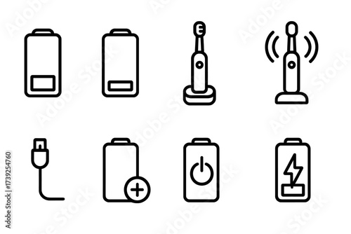 Electric Toothbrush Icon Set. Outline icon set of electric toothbrush battery and charging: battery full, battery low, charging dock, wireless charging, USB