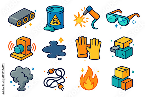 Factory Hazard Icons. Factory hazards. Colorful isometric vector icons set of factory hazards: conveyor belt without guard, chemical barrel leak, sparks from