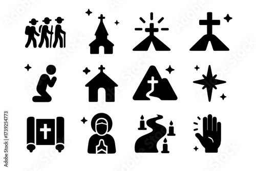 Sacred Journey Icons. Journey of faith. Solid icons set of pilgrim group, church spire, sunrise cross, open road, kneeling prayer, chapel stop, holy mountain,