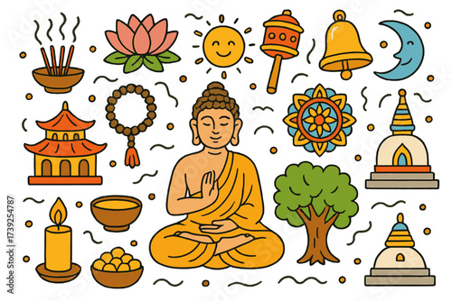 Buddhist Symbols Doodle. Buddhism. Colorful Hand-drawn doodle Children illustration lotus, prayer wheel, Buddha statue, incense, temple, bell, chanting beads,