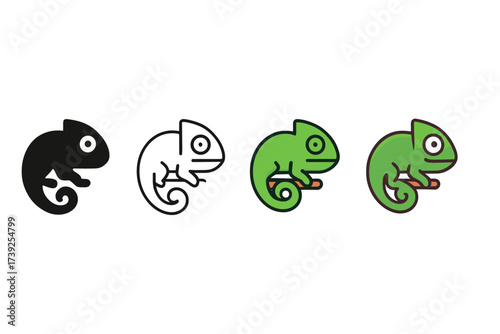 Chameleon Icon Styles. Vector icon chameleon same pose same proportions four styles black solid glyph outline minimal flat multicolor filled cartoon flat
