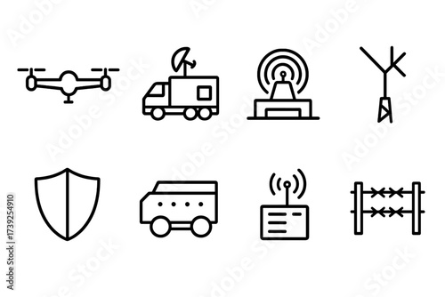 Military Equipment Icons. Outline icon set of military train tactical elements: reconnaissance drone, command center, radar dome, communications array,