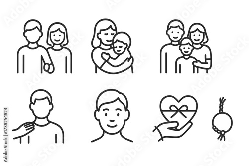 Tender Icon Set. Outline icon set of tender relationships: couple holding hands, mother and child, best friends hugging, family group, supportive shoulder,