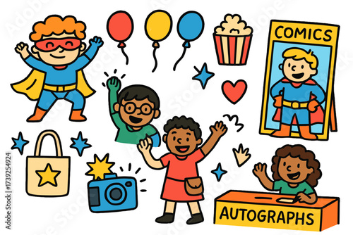 Convention Cartoon Fun. Convention fun. Colorful Hand-drawn doodle Children illustration convention fun superhero pose, cosplay group, photo booth, comic
