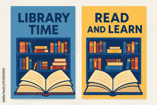 School Library Banners. Two vertical A6 banners, flat vector design, blue and yellow backgrounds, school library with open books and shelves, knowledge theme,
