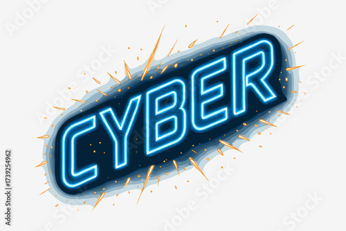Neon Cyber Sparks. Cyber, neon futuristic lettering, glowing techno tone, surrounded by sparks, diagonal decorative composition, clean white background, vector