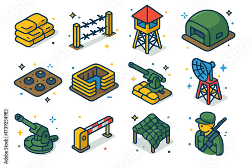 Isometric Defense Icons Set. Defensive positions. Colorful isometric vector icons set of defensive positions: sandbag wall, barbed wire fence, watchtower,