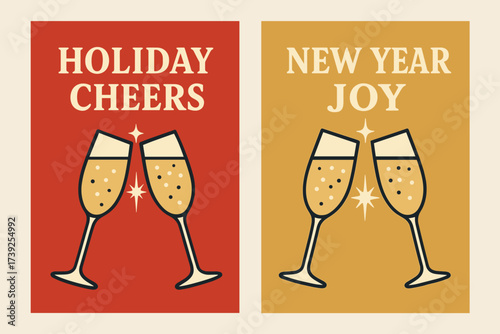 Festive Champagne Banners. Two vertical A6 banners, flat vector design, red and gold backgrounds, champagne glasses clinking, festive party vibe, first banner