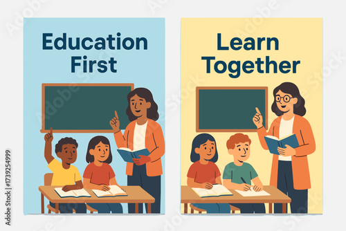 Educational Access Banners. Two vertical A6 banners, flat vector design, pastel blue and yellow backgrounds, teacher with students in classroom, education