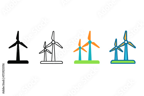 Wind Farm Icon Styles. Vector icon wind farm same pose same proportions four styles black solid glyph outline minimal flat multicolor filled cartoon flat