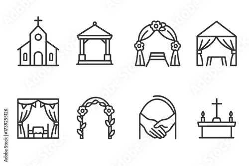 Wedding Icon Set. Outline icon set of vows emotions: happy couple, blushing bride, groom smiling, teardrop, holding hands, cheering crowd, hugging, exchanging