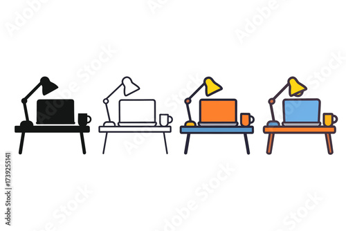 Stylish Laptop Icons. Vector icon laptop working desk same pose same proportions four styles black solid glyph outline minimal flat multicolor filled cartoon