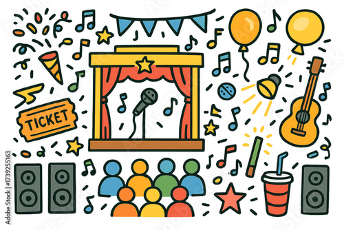 Colorful Concert Doodle. Concert Venue. Colorful Hand-drawn doodle Children illustration stage, microphone, guitar, spotlight, crowd, ticket, speakers, music