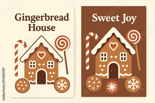 Gingerbread House Banners. Two vertical A6 banners, flat vector design, cream and brown backgrounds, gingerbread houses with icing, christmas sweets theme,