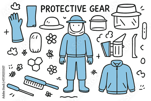 Colorful Beekeeper Essentials. Protective gear. Hand-drawn doodle illustration protective gear beekeeper suit (colored), gloves (colored), veil mask, boots,
