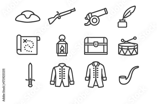 Colonial Era Icons. Colonial era. Line icon set of colonial era: tricorn hat, musket, cannon, ink bottle, feather quill, map scroll, lantern, chest, drum,