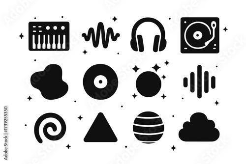 Ambient Music Icons. Ambient music. Solid icons set of ambient music: synthesizer, echo wave, headphones, turntable, abstract shape, vinyl, glowing orb, sound