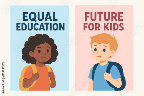 Children's Education Banners. Two vertical A6 banners, flat vector design, pastel blue and pink backgrounds, children with backpacks, education for all theme,