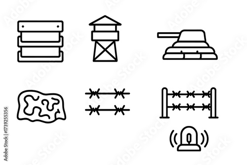 Military Bunker Icons. Outline icon set of military bunker features: reinforced walls, watchtower, gun turret, sandbags, camouflage net, barbed wire, perimeter