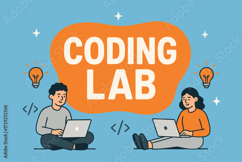 Coding Lab Banner. Coding Lab banner, flat vector illustration, bold oversized text inside rounded blob, cartoon characters sitting with laptops and light