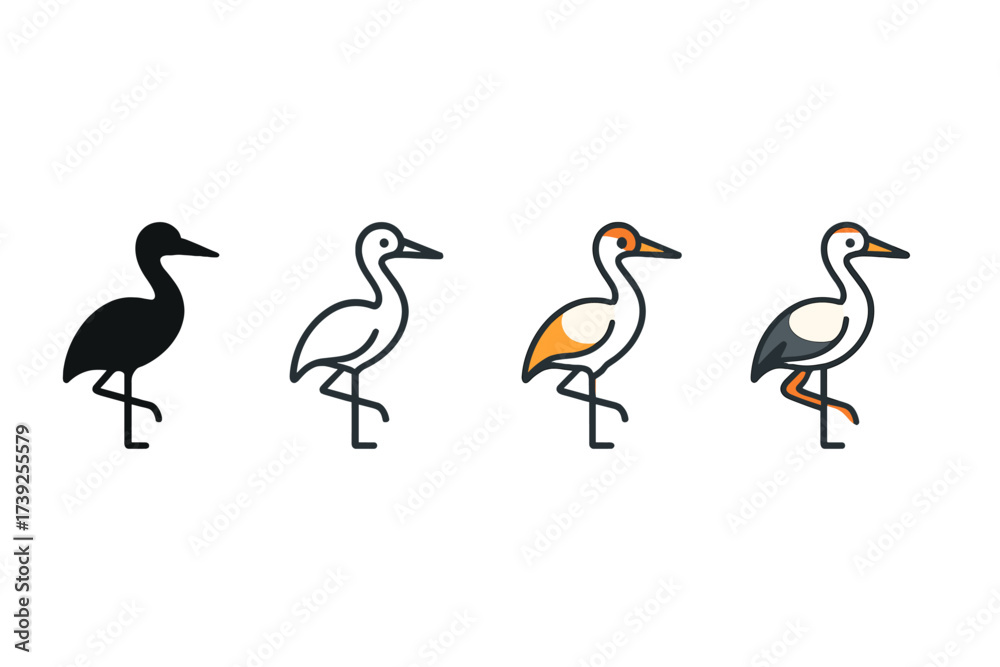 Fototapeta premium Vector Crane Icon Styles. Vector icon crane bird same pose same proportions four styles black solid glyph outline minimal flat multicolor filled cartoon flat
