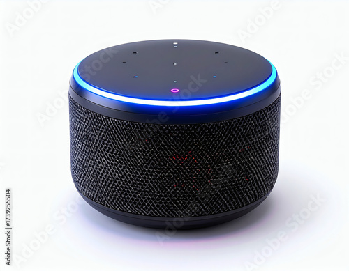 Sleek cylindrical voice assistant device with a glowing blue light, symbolizing interactive smart home technology and artificial intelligence in a modern context